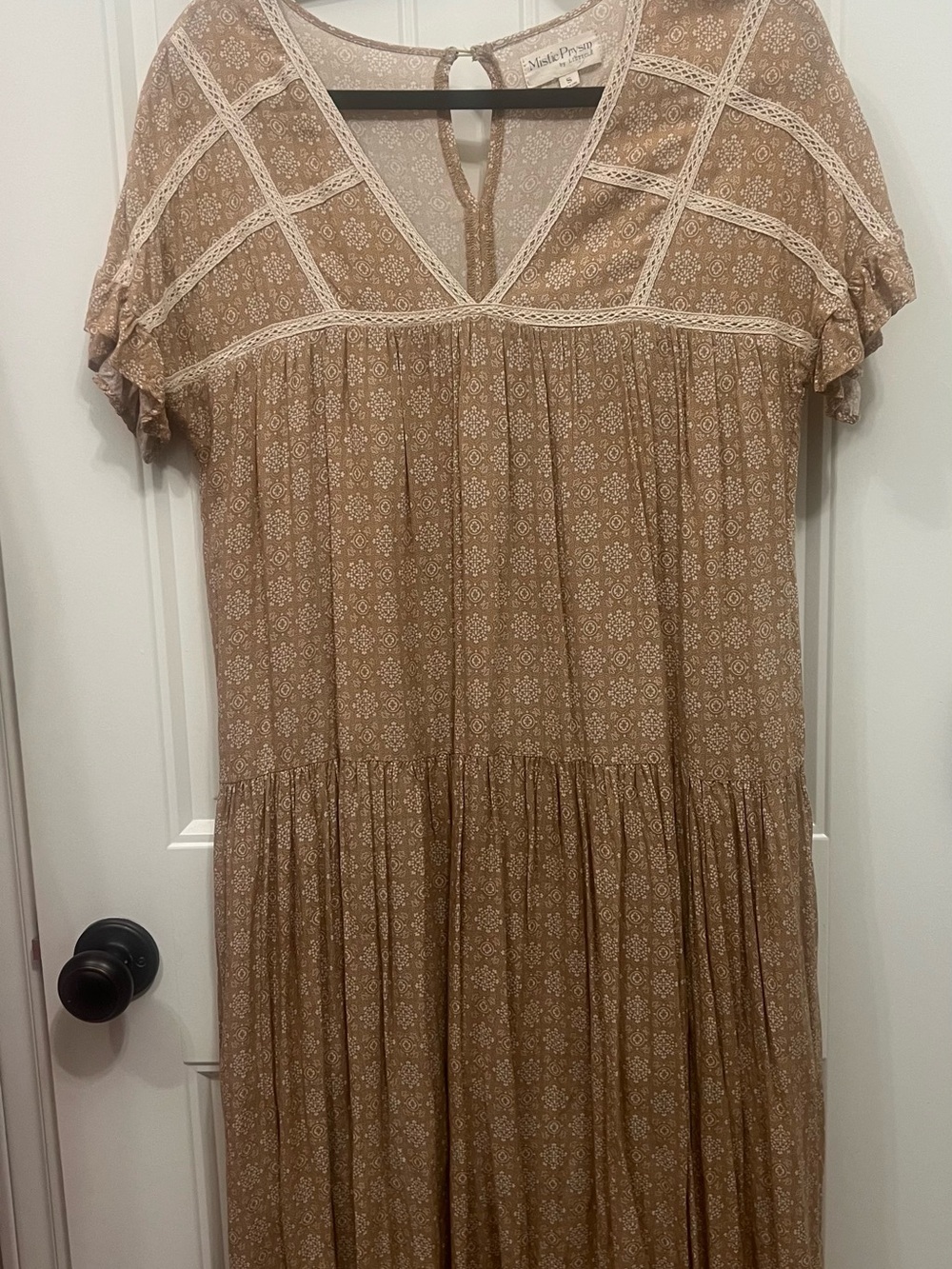 Mystic Prism Tan Midi Dress with Cream Lace Insets